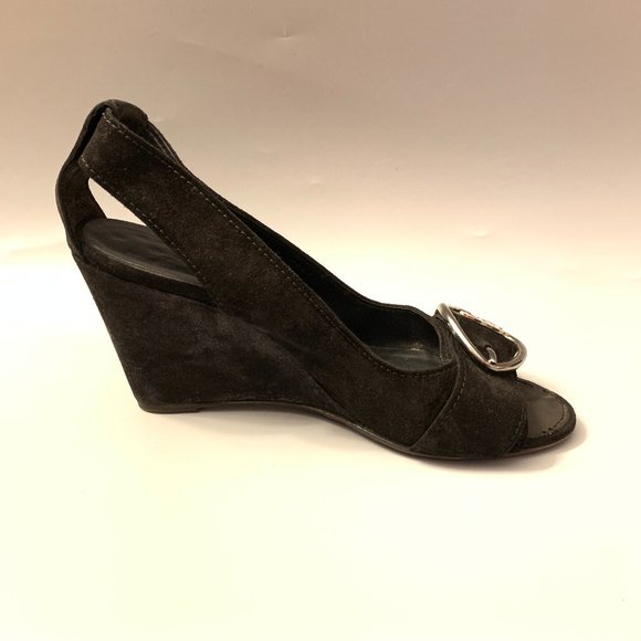 Chanel Black Suede Peep-Toe Wedge Heels - Picture 5 of 13